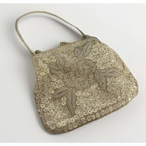 Vintage Le Regale Beaded Sequin Evening Purse White Cream Snap Closure 12” Strap